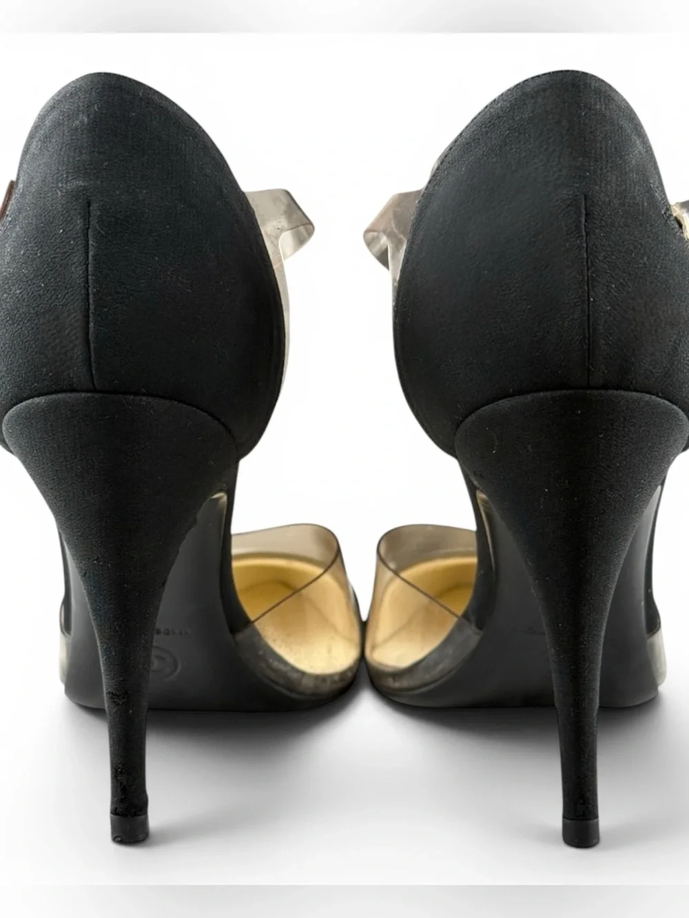 Chanel Black Fabric & Clear PVC Pointed-Toe Heels – Size 37.5